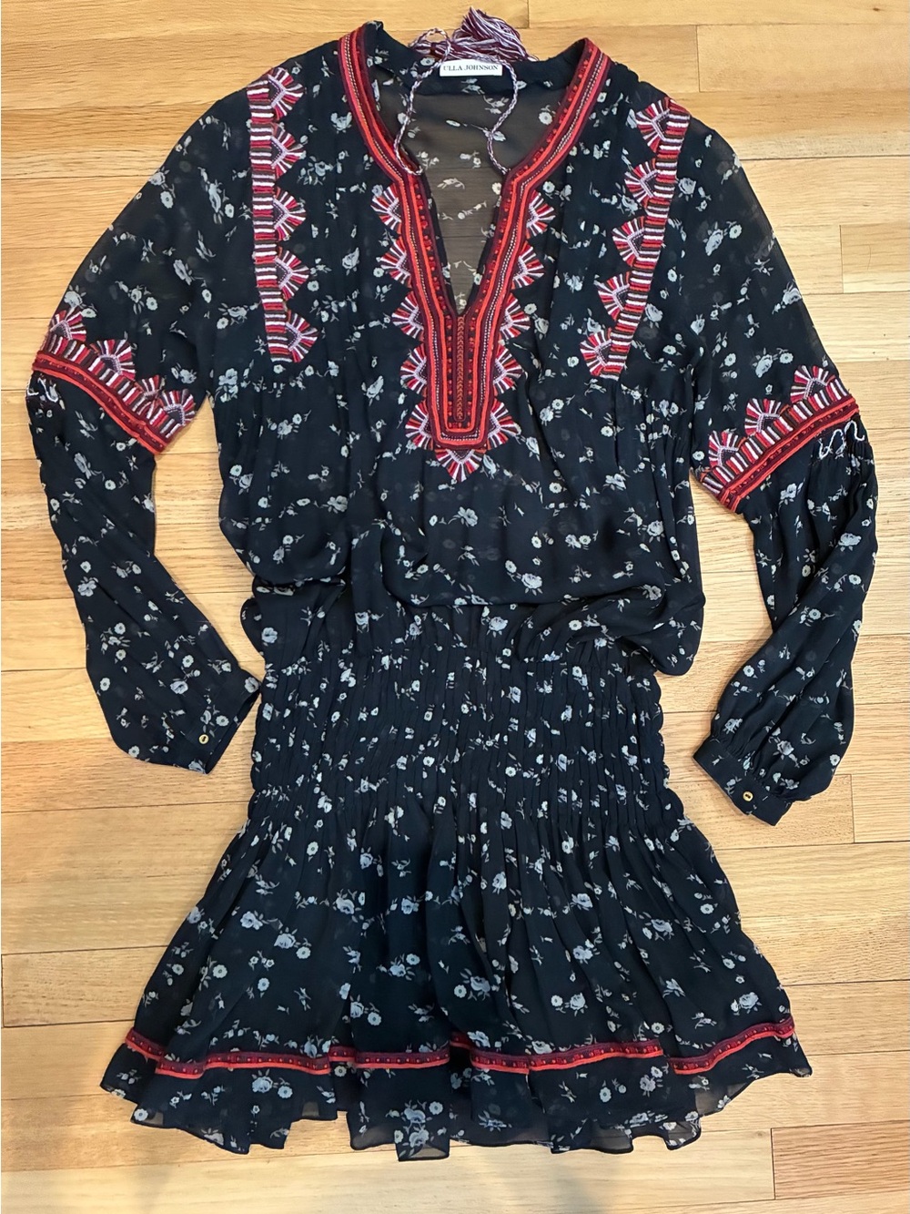 Ulla Johnson Black Floral Long-Sleeve Embroidered Dress